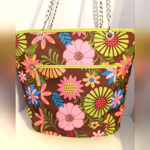 Picnic At Ascot Large Floral Insulated Colorful Tote‎ Silver Chain Detail - Picture 2 of 12